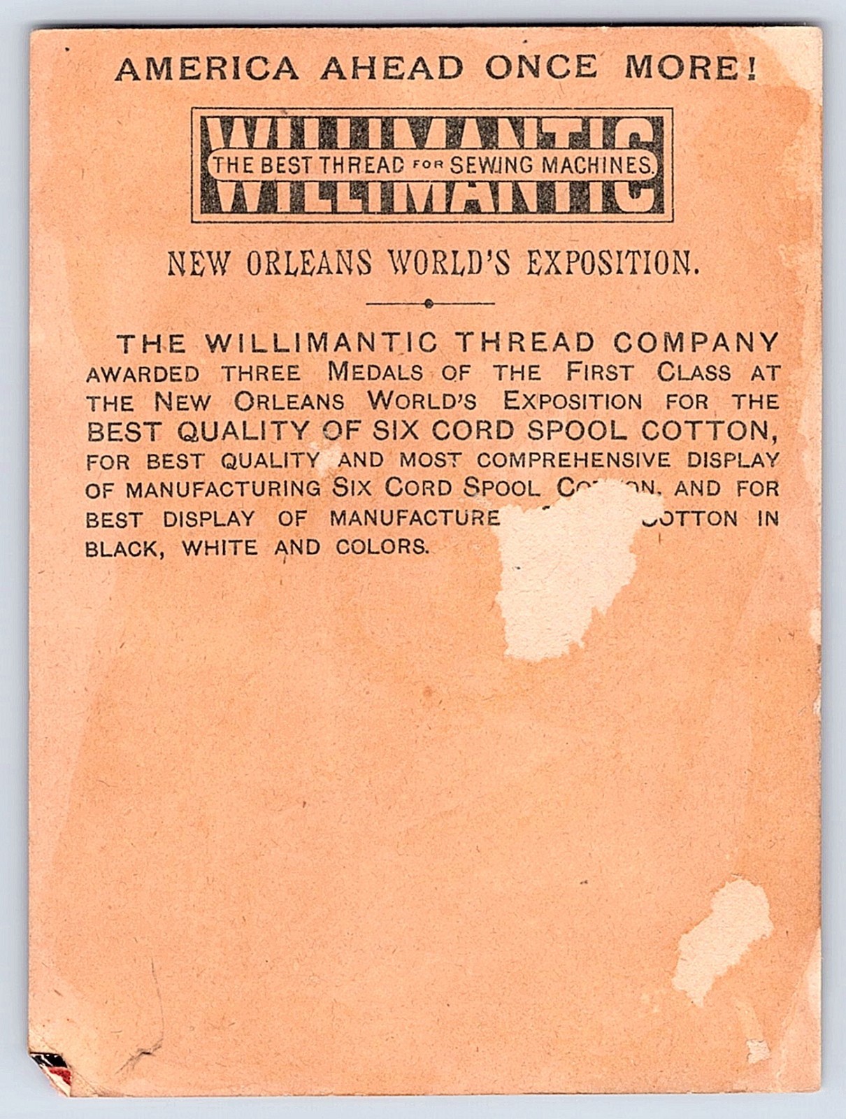 1900s Willimantic Thread New Orleans World’s Exposition trade card 3×4 inches