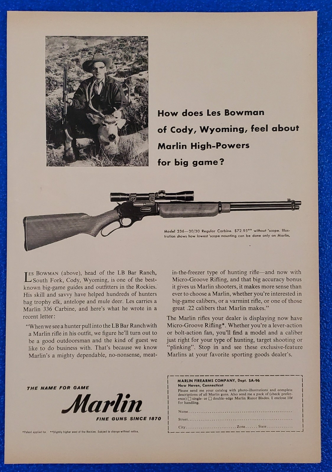 1956 MARLIN MODEL 336 30/30 RIFLE VINTAGE HUNTING / SHOOTING PRINT AD BIG GAME