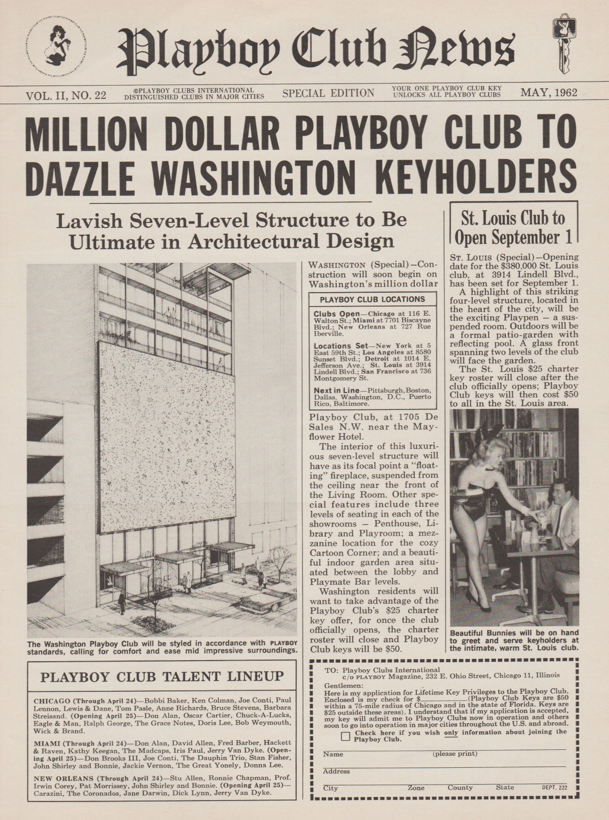 1962 “Playboy Club News” – Million Dollar Club Washington – Promo Print Ad Photo