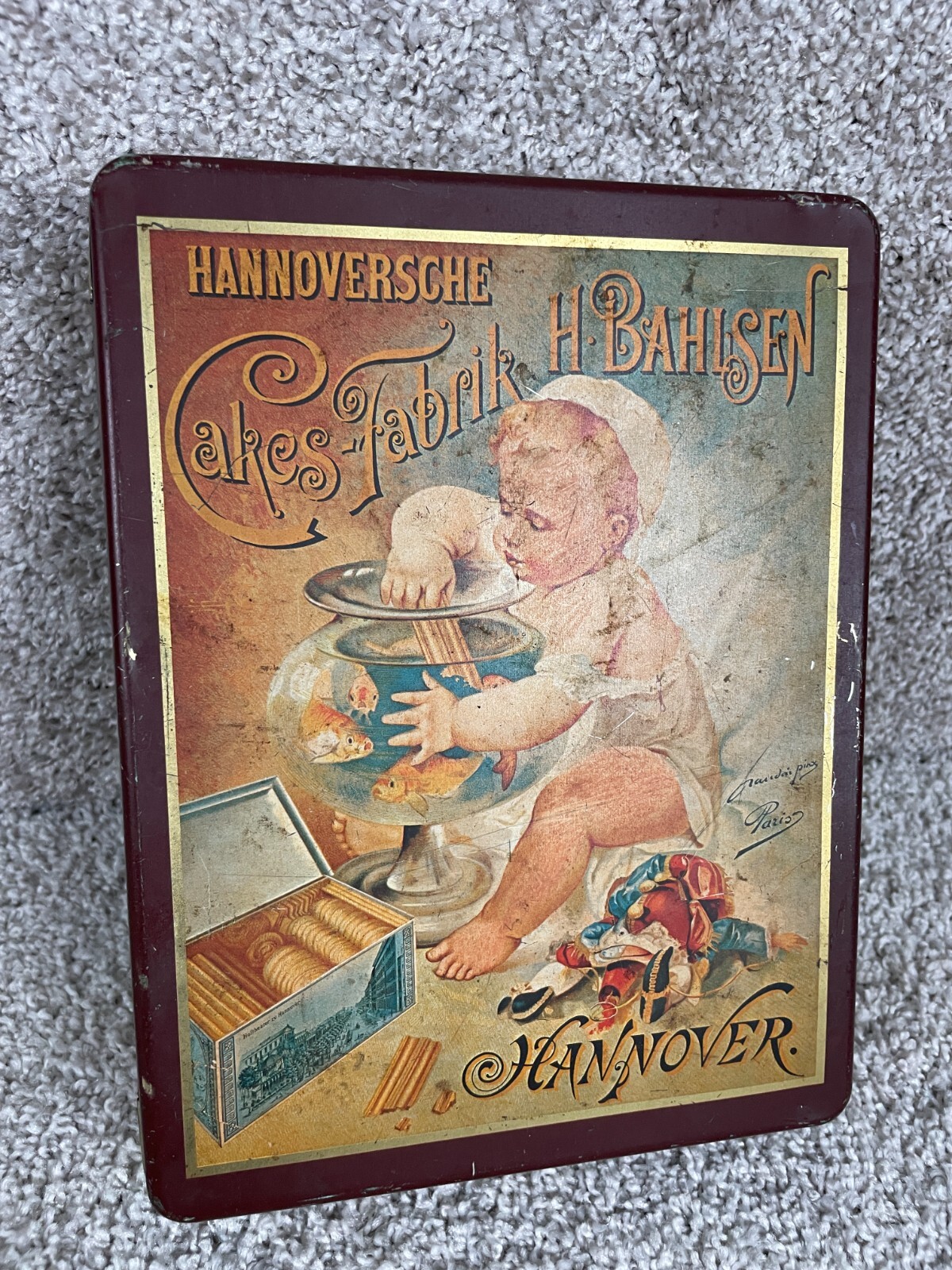 Collectible Hannoversche Cakes Fabrik Bahlsen 7″x9.5″ Hinged Metal Tin Can Box