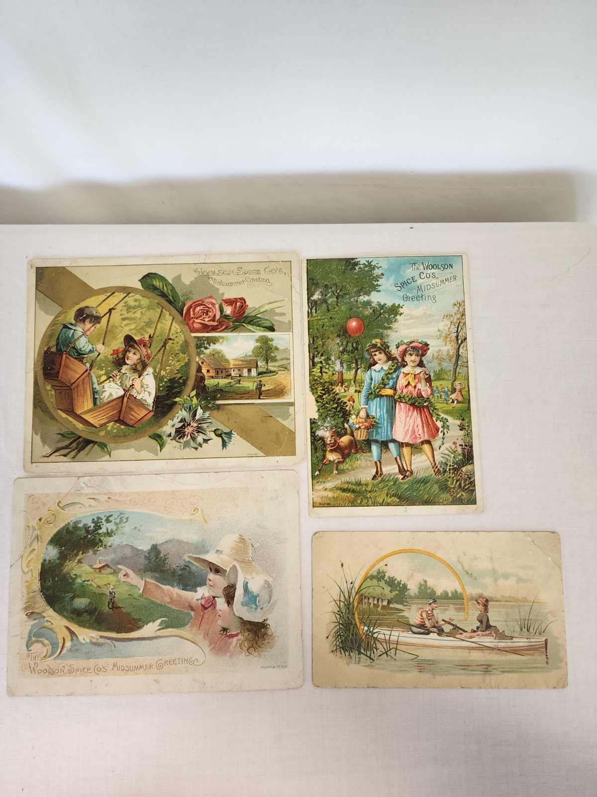 4 Lithographic Lion Coffee Victorian Trade Cards ‘Midsummer Greeting’ Adver Tool