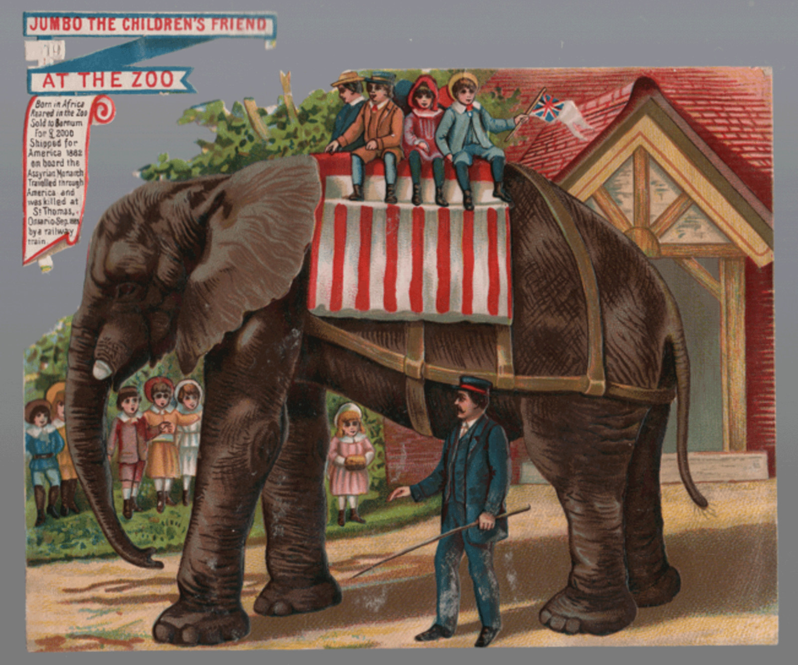 1883 JUMBO & KIDS AT THE ZOO DIE CUT VICTORIAN SCRAP aprox 6 1/8″ x 4 3/4″ DC15
