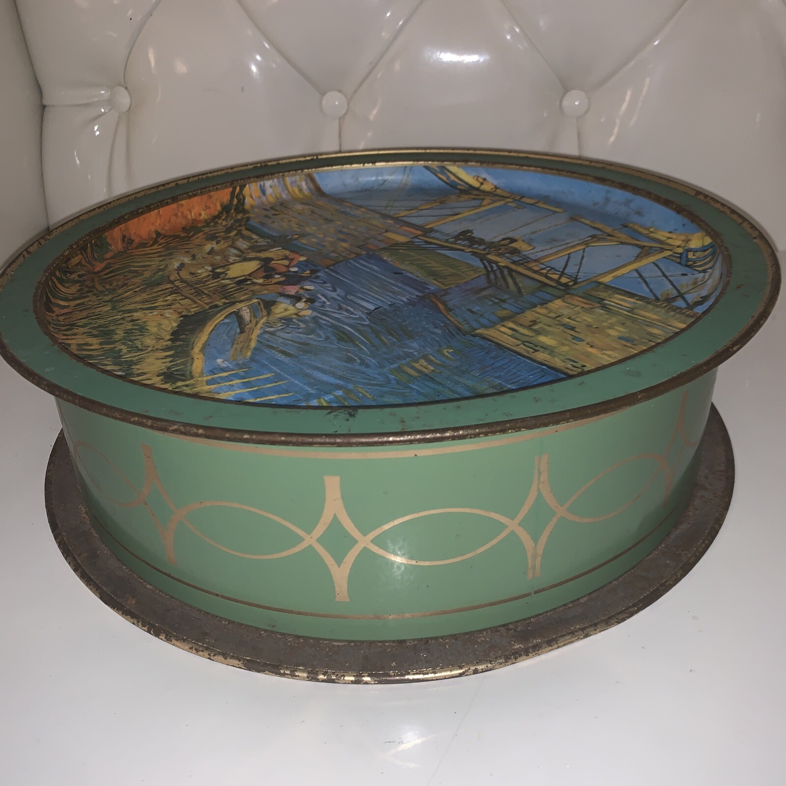 Vntg Vincent Van Gogh Landscape Large Round Tin Box From Sunshine Rare!