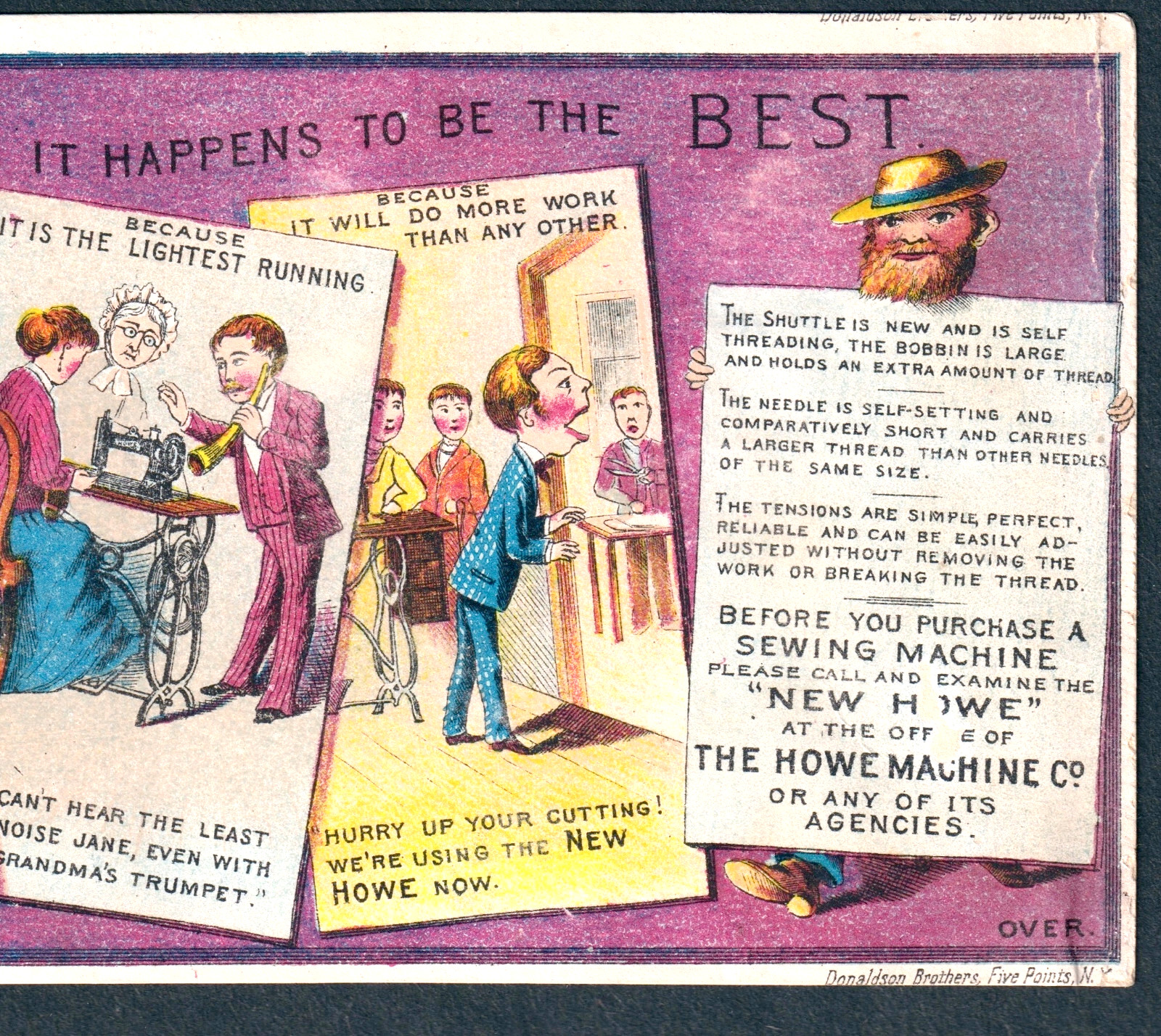 Antique 1800’s comic strip Howe Sewing Machine Hearing Aid Ear Trumpet Horn CARD