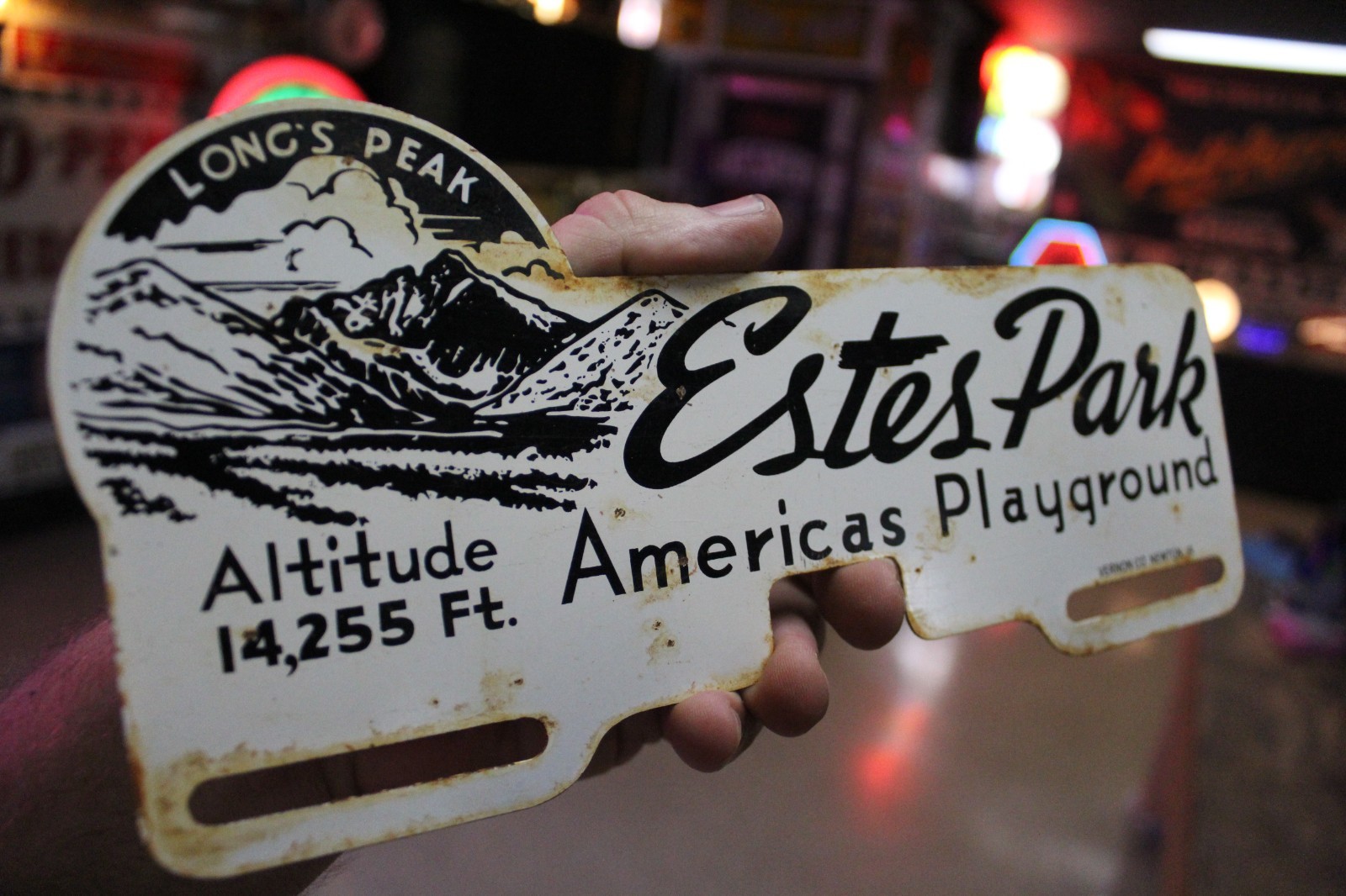 RARE 1950s ESTES PARK COLORADO PLAYGROUND LONG’S PEAK PAINTED METAL TOPPER SIGN