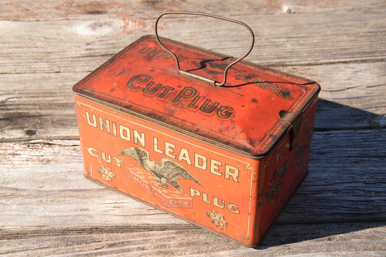 1930s 4x5x7 UNION LEADER CUT PLUG EMPTY PIPE TOBACCO STORAGE TIN SIGN HOME DECOR