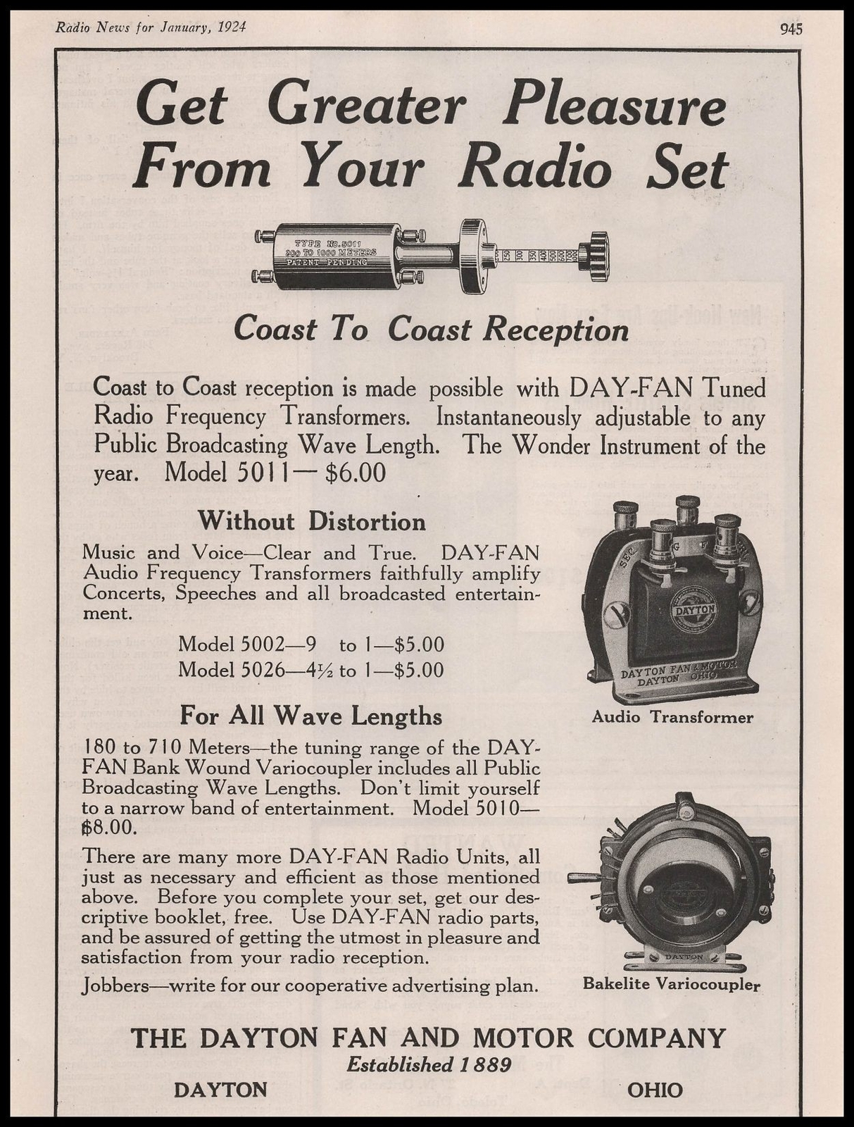 1924 Dayton Fan & Motor Ohio Tuned Radio Frequency Transformers Vintage Print Ad