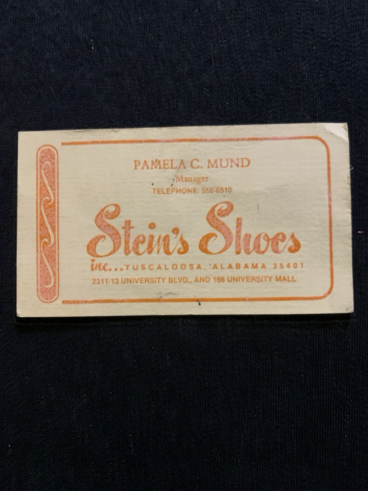 Vintage Stein’s Shoes Tuscaloosa AL Business Card Pamela C. Mund University Mall