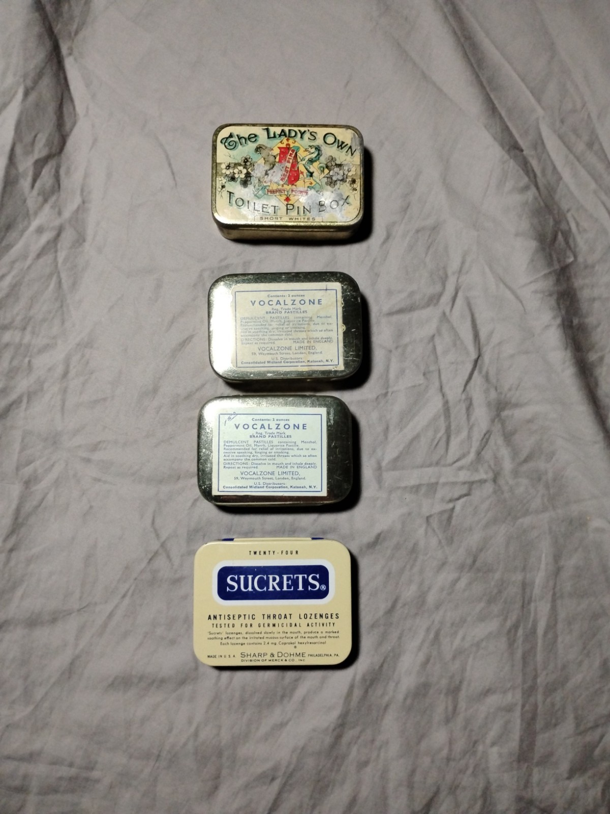Mixed Lot of Vintage Small Cases Tins Advertising Sucrets Vocalzone Ladus Own