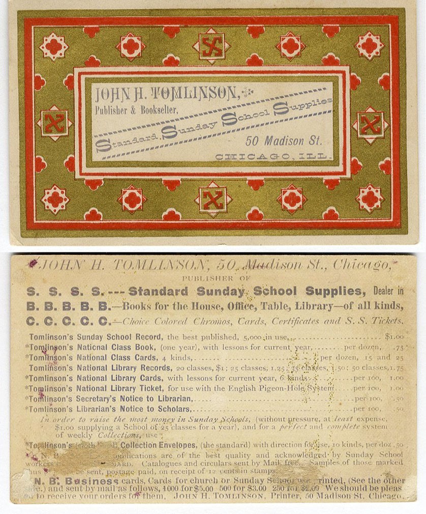 Chicago SUNDY SCHOOL SUPPLIES Tomlinson Bookseller TRADE CARD with Prices 1880’s