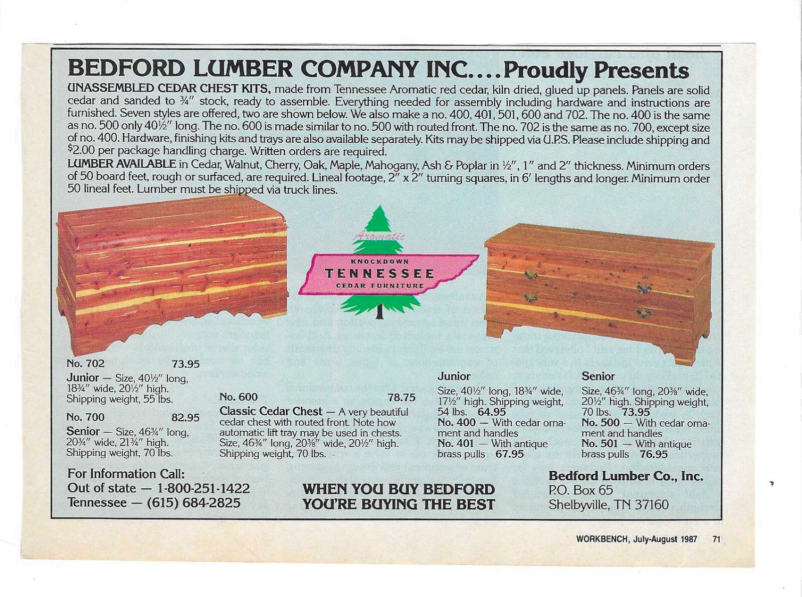 1987 Knockdown Tennessee Cedar Furniture Bedford Lumber Company Vintage Print Ad