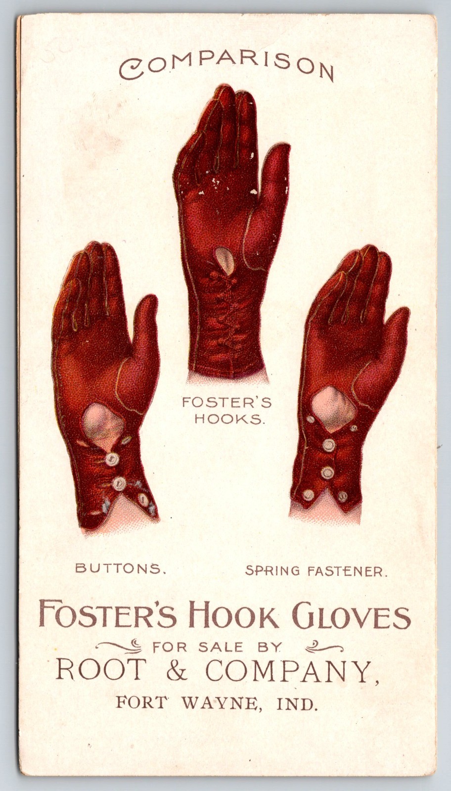 Victorian Trade Card Foster’s Hook Gloves, Ft Wayne, Indiana 1897