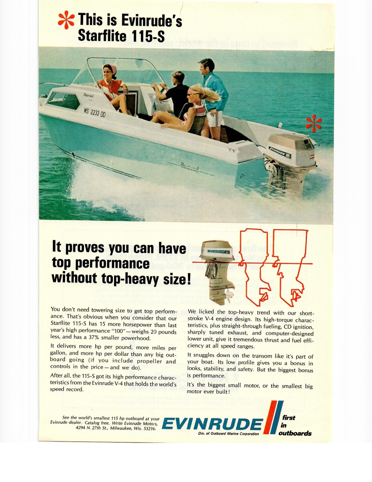 1969 Evinrude Starflite 115-S Outboard Motor Vintage Print Ad Boating Ephemera