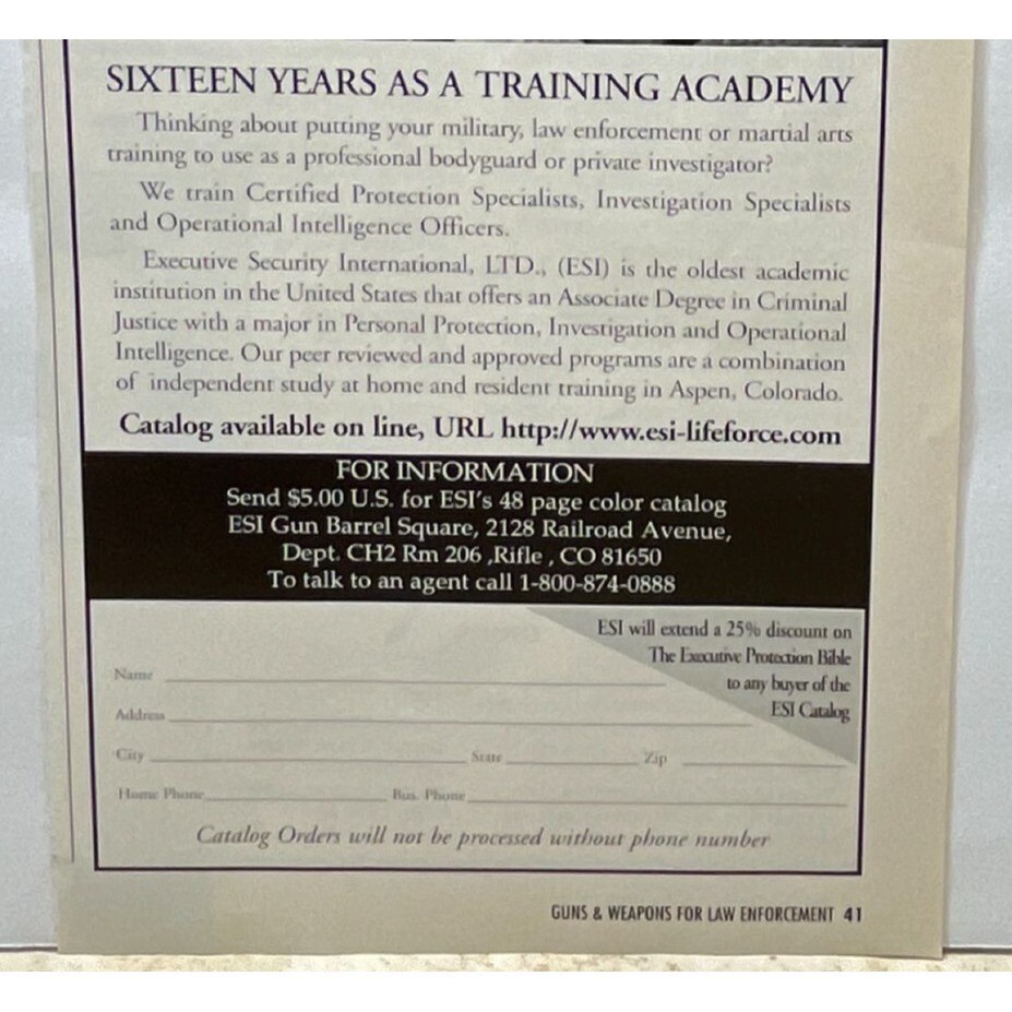 ESI Executive Security Academy Vintage Print Ad 1990s Bodyguard School Rifle CO