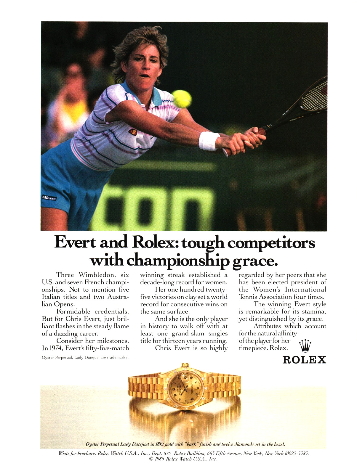 1980s Print Ad Rolex Oyster Perpetual Lady Datejust Watch Chris Evert Tennis 001