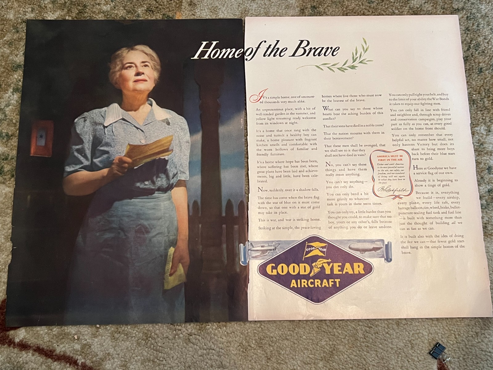 1942 LIFE Magazine Goodyear Aircraft WWII Ad “Home of the Brave” War Bonds