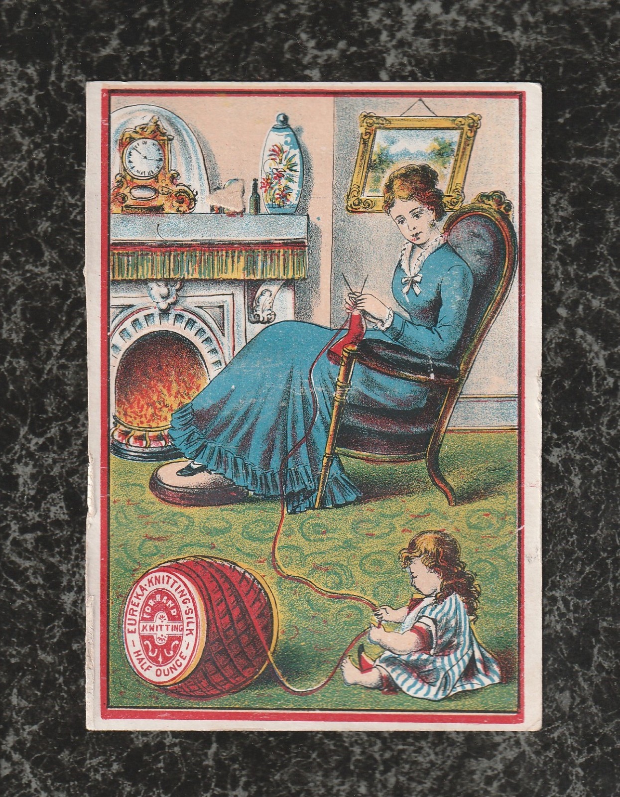 Victorian Trade Card Girl Plays With Eureka Knitting Silk As Mother Knits 4.5×3