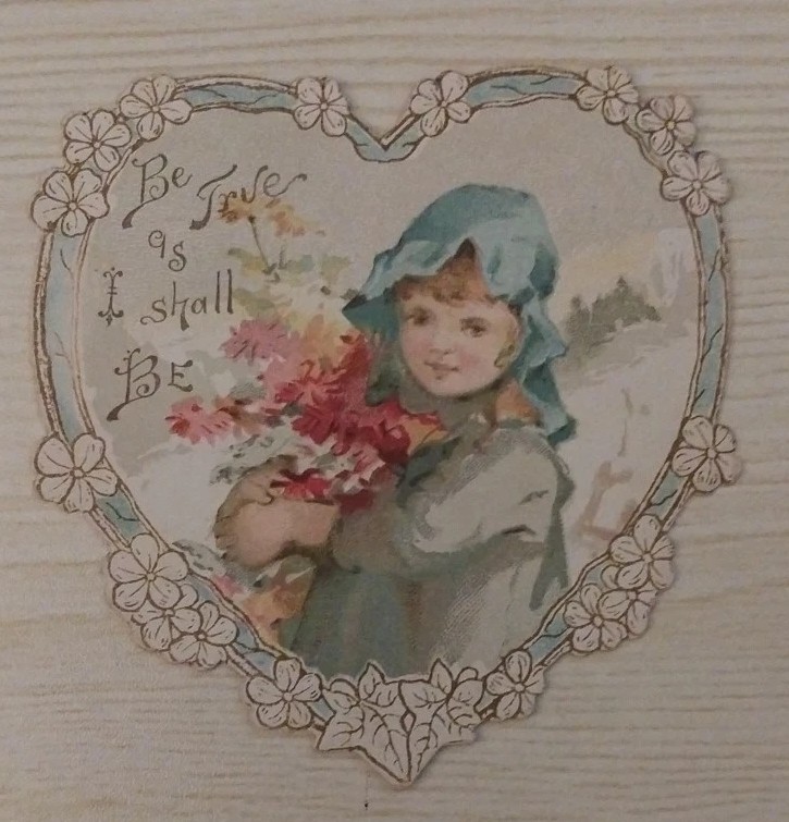 Antique Victorian Valentine Card Die Cut Heart Girl Flowers Be True Vintage Poem