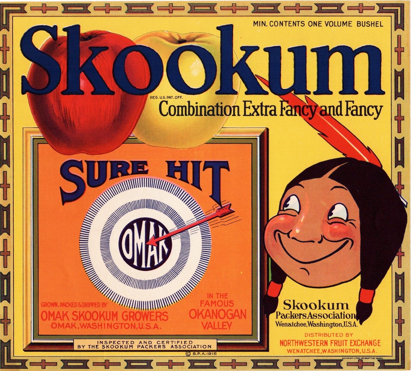 SKOOKUM SURE HIT Brand Apples Original Fruit Crate Label Wenatchee, Washington