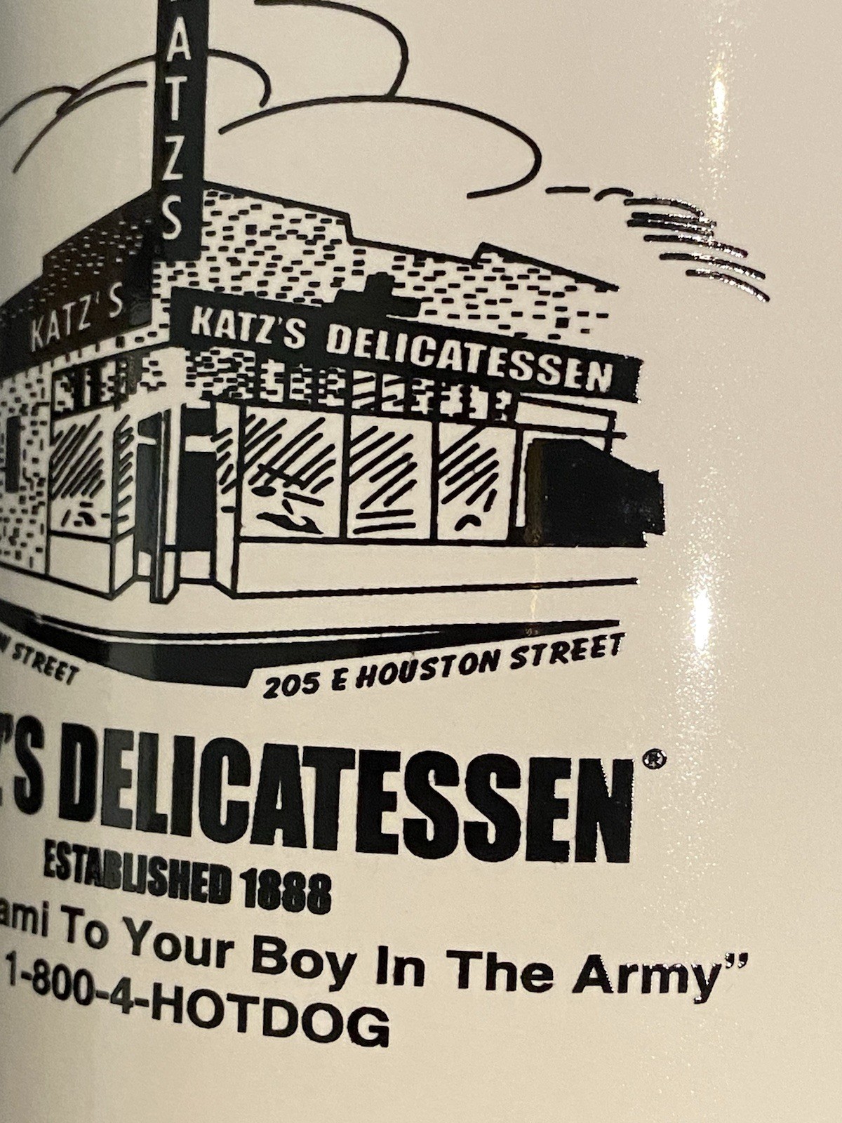 Katz’s Delicatessen Ceramic Coffee Mug New York City White Black Graphics 4″