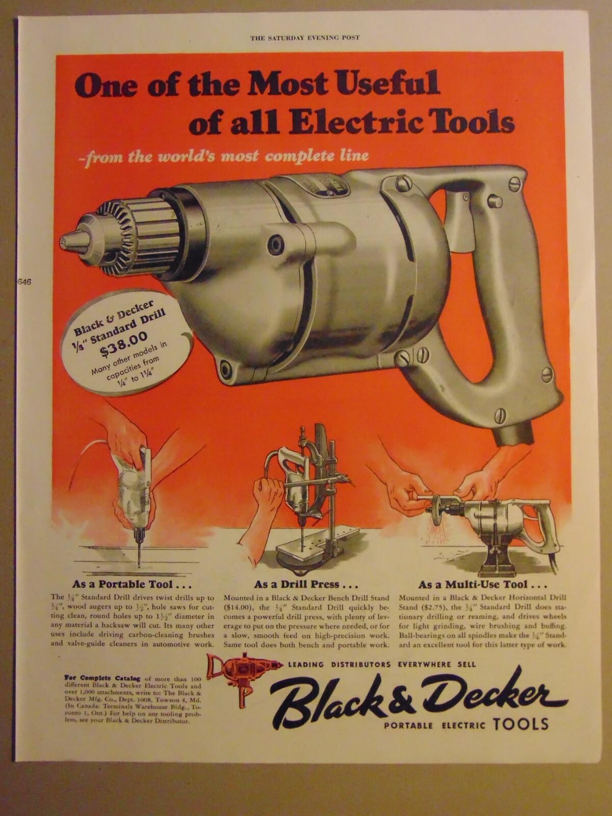 1945 BLACK & DECKER 1/4″ Drill Multi Use Tool vintage art print ad