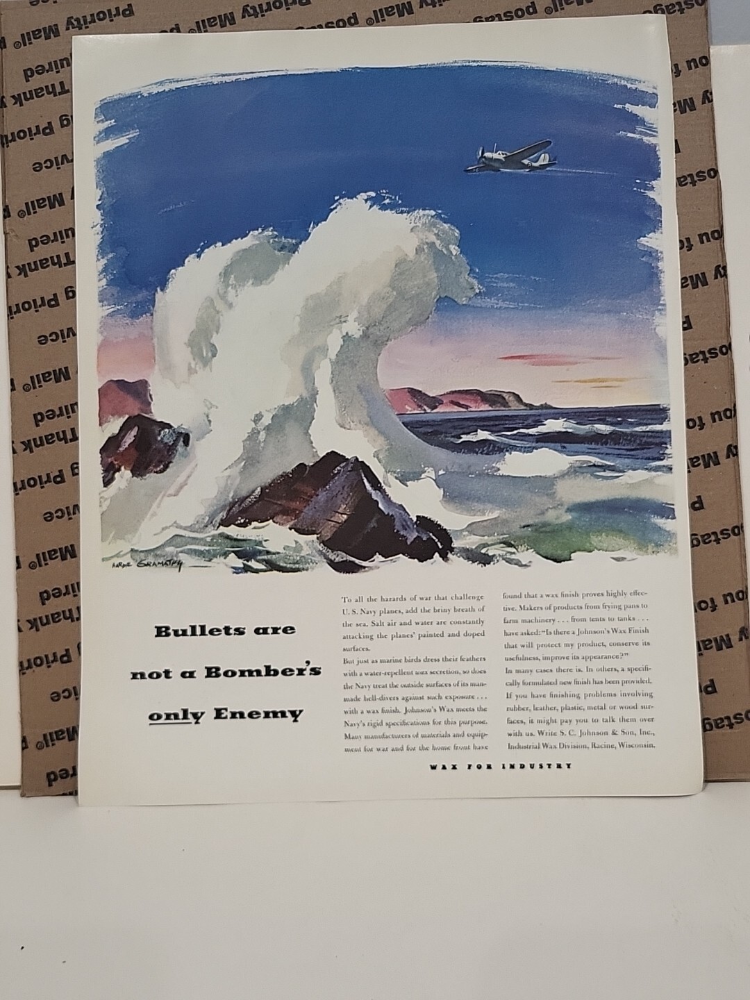 1942 S.C. Johnson & Son Wax For Industry Fortune WW2 Print Ad Q3 Airplane Ocean