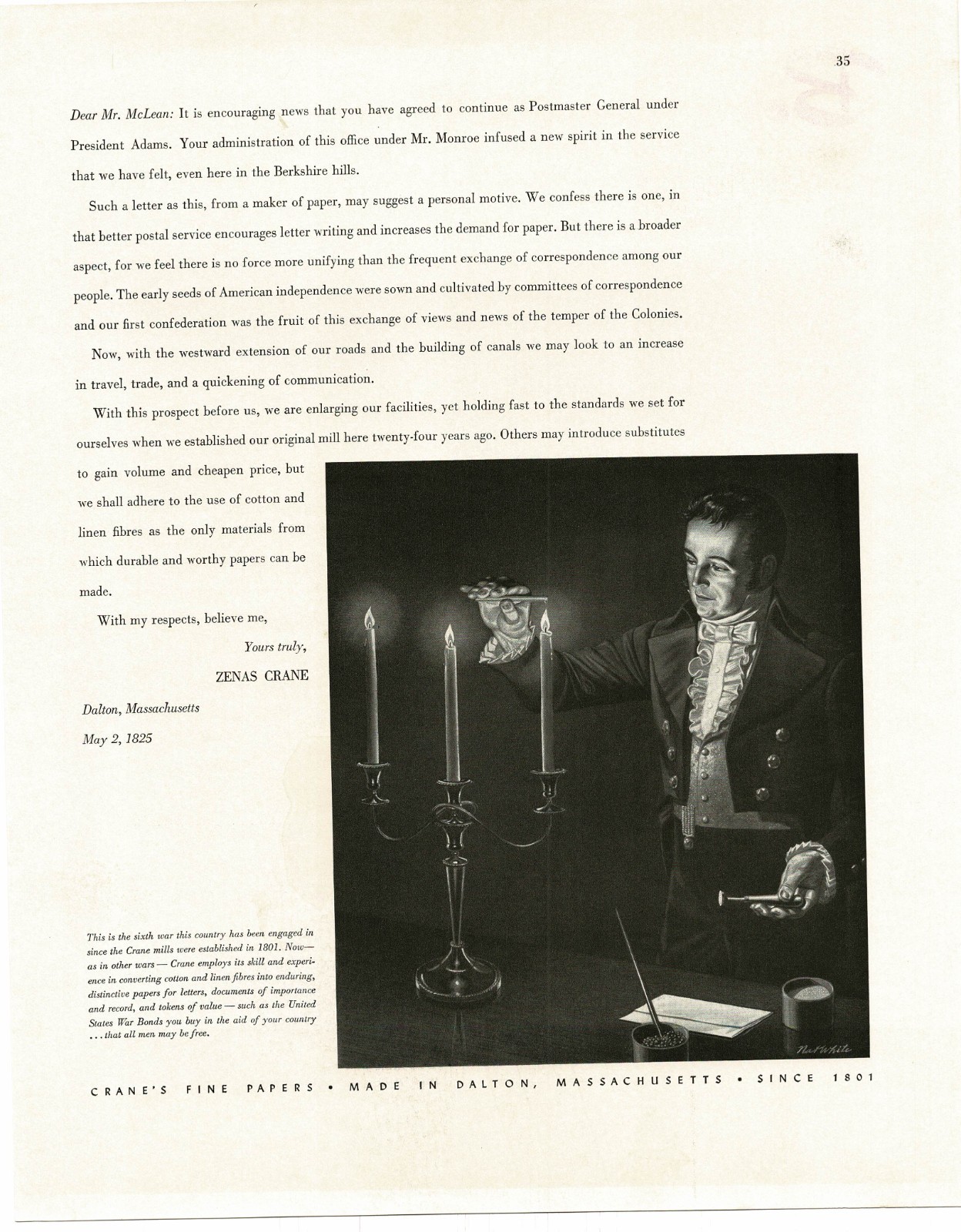 1942 Crane Fine Papers Dalton Massachusetts Zenas Crane art Vintage Ad