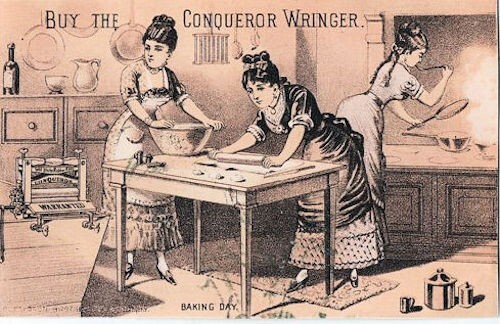 c1890 Conqueror Wringer for Wash “Baking Day” Cartoon Victorian Trade Card