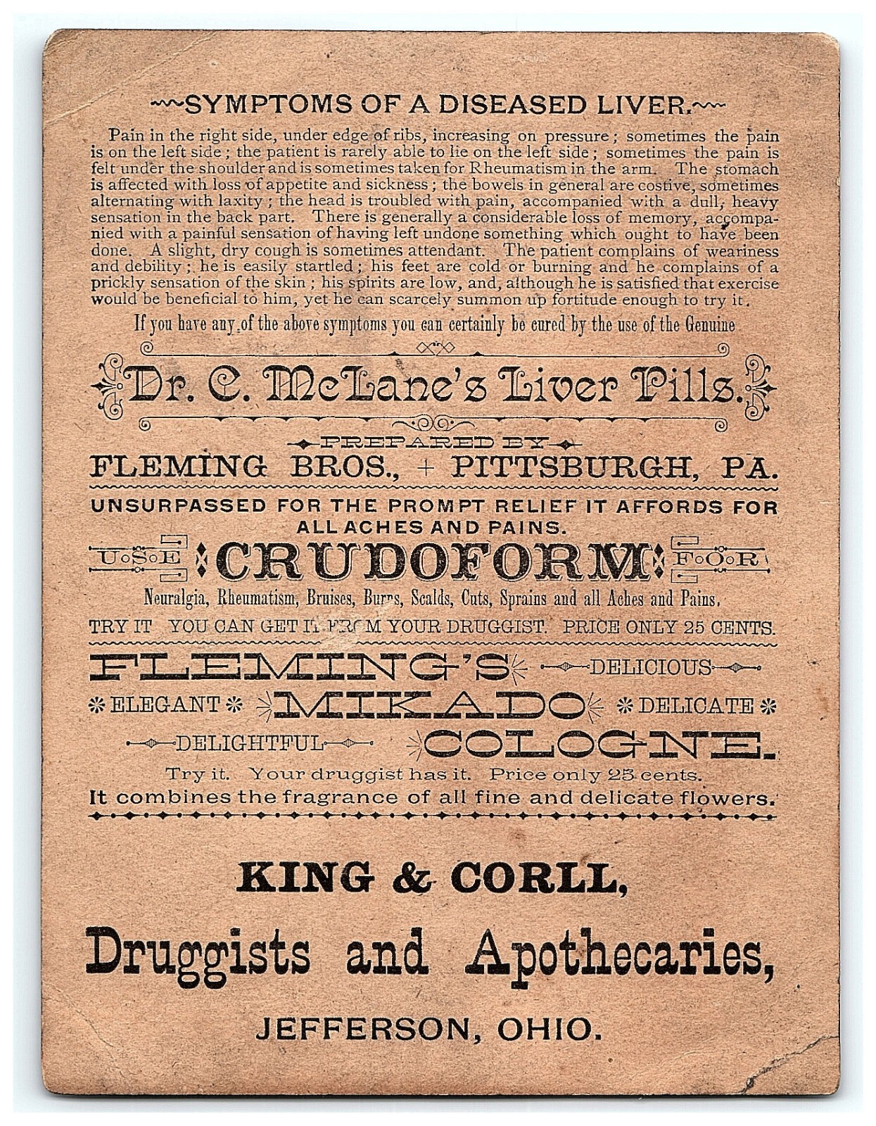 1880s Fleming Bros Mikado Cologne McLane’s Liver Pills King & Corll Jefferson OH