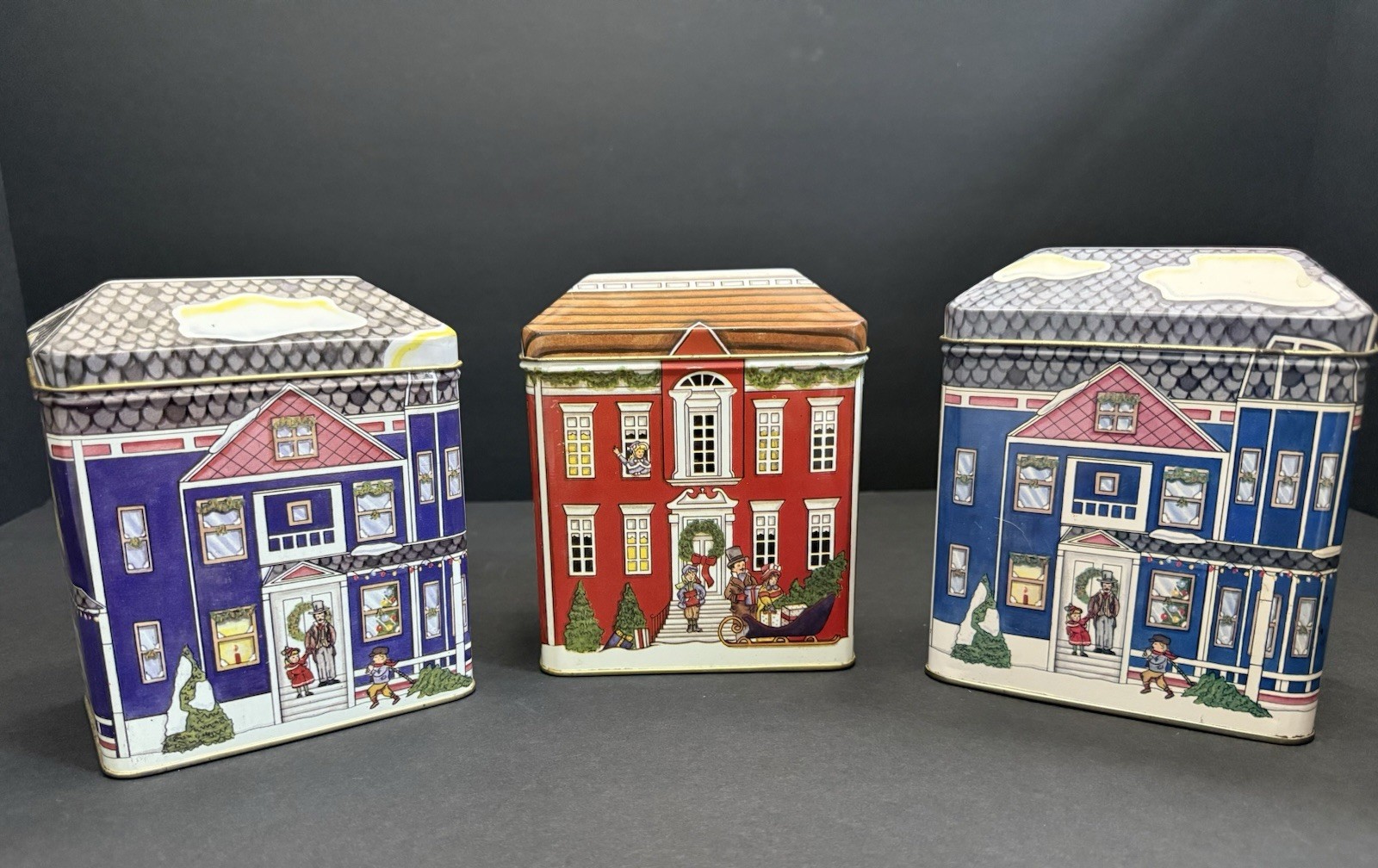 1989 TXT-MR Tall X’mas Cottage tin boxes by The Tin Box Company Set Of 3