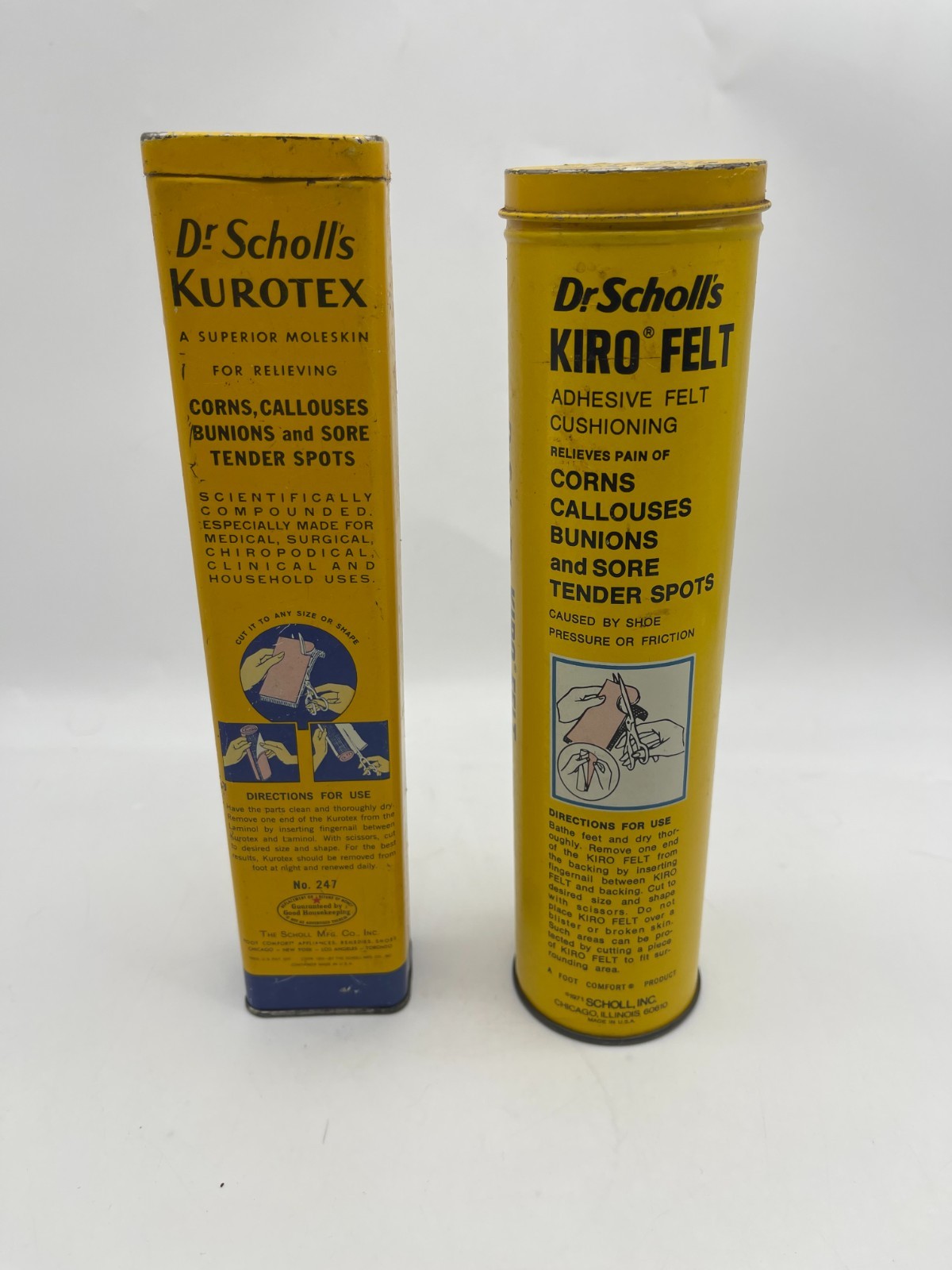 TWO Vintage Dr Scholls Empty 8″ Advertising Tins Kiro Felt & Kurotex with Lids