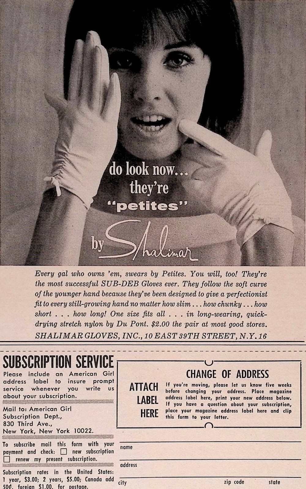 1964 Shalimar Gloves Petites Girls Fashion Vintage Print Ad American Girl Aug