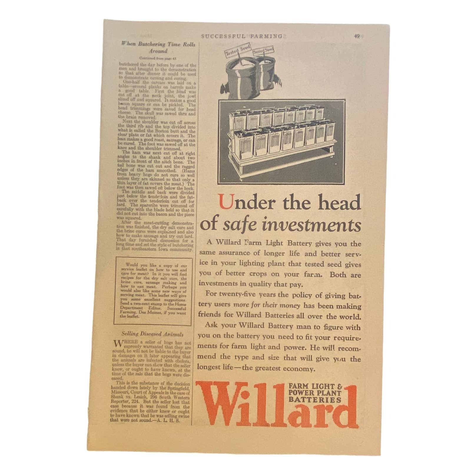 Vtg Color Willard Farm Light Batteries Antique Print Ad 11 x 8.5 March 1928