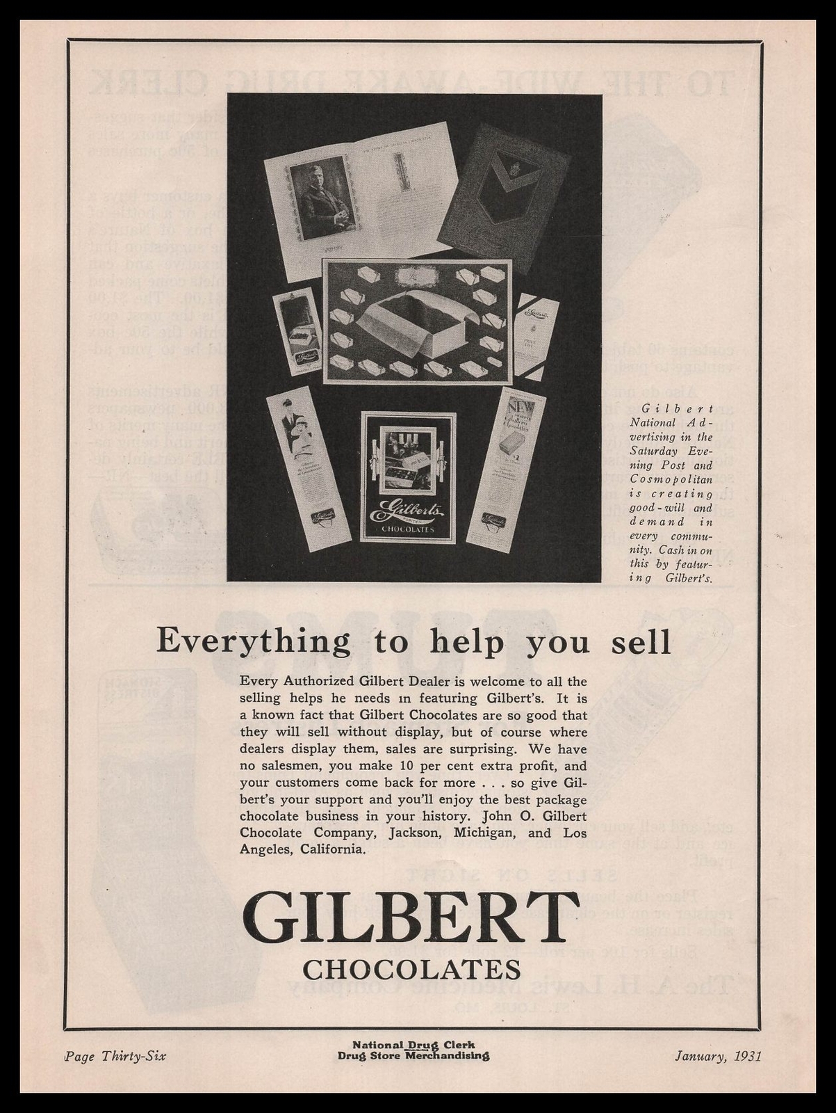 1931 John O Gilbert Co. Candy Chocolates Jackson Michigan & Los Angeles Print Ad