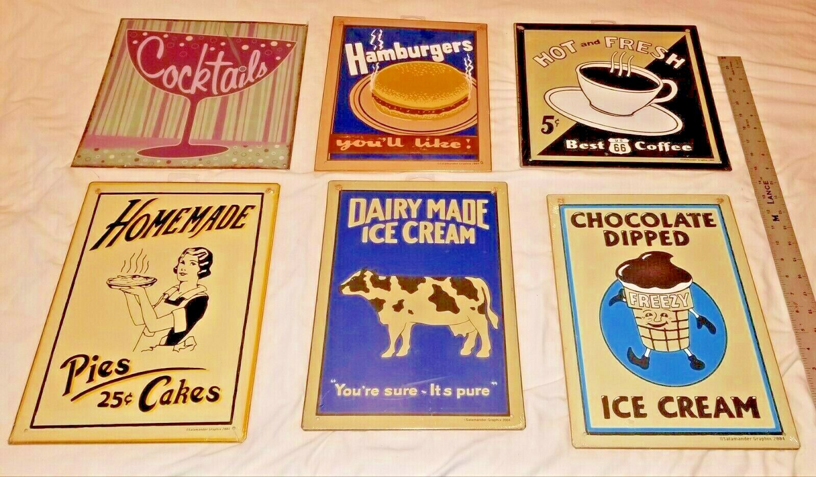 6 VTG RETRO SEALED METAL SIGNS PIES ICE CREAM COFFEE COCKTAIL SALAMANDER GRAPHIX