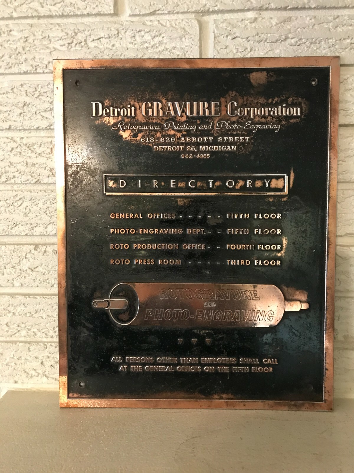 Rare Antique Detroit Gravure Corp. Cast brass Building Sign