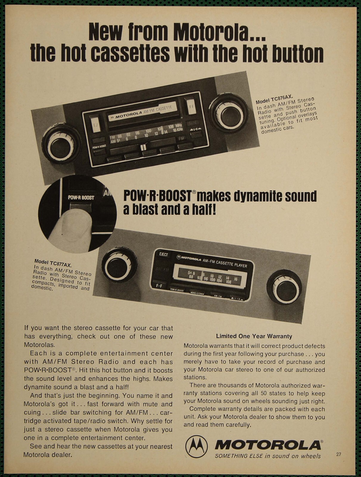 Motorola Pow-R-Boost AM FM In Dash Car Stereo Radio Vintage Print Ad 1976