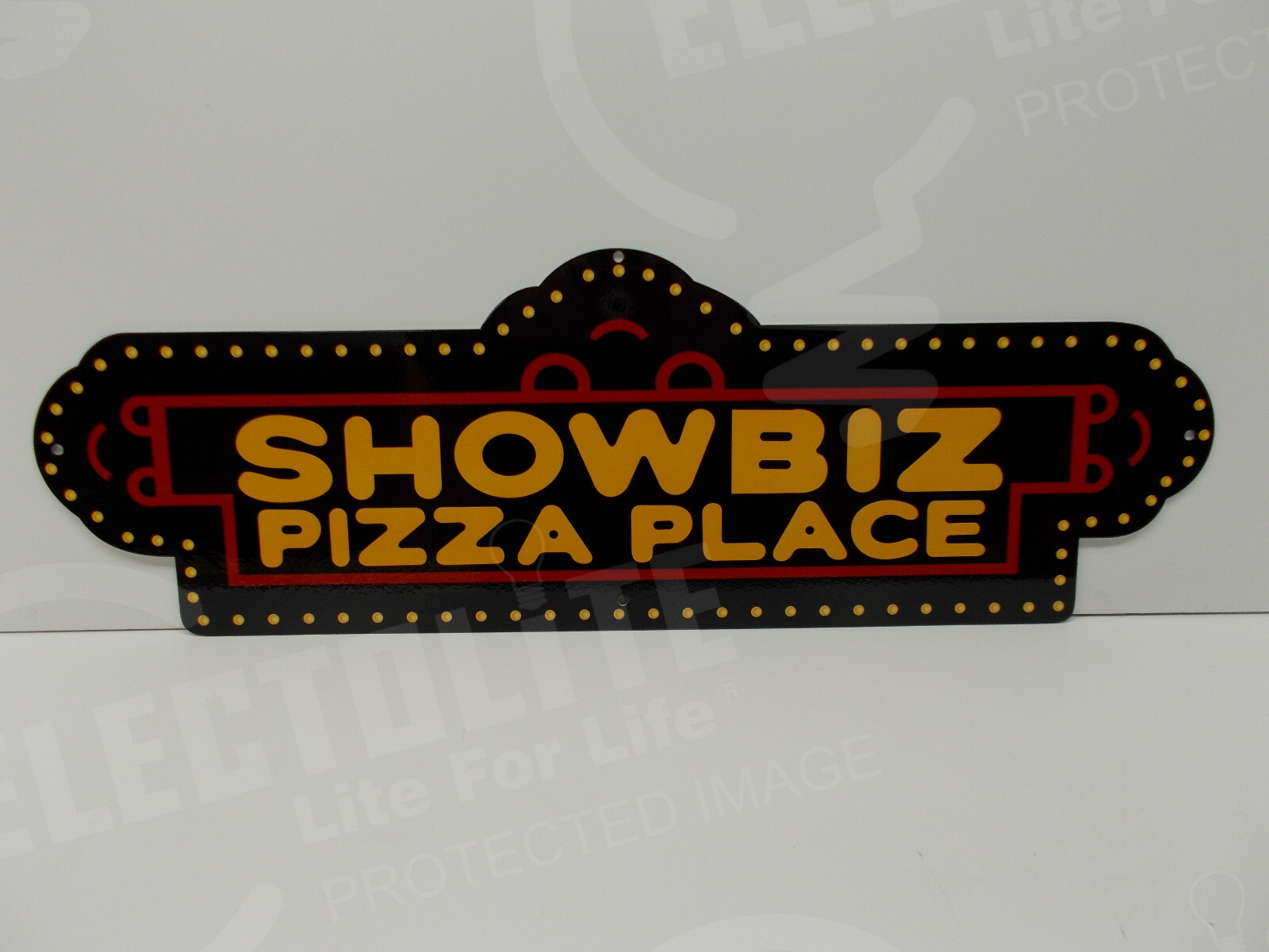 CHUCK E CHEESE SHOWBIZ PIZZA PLACE Steel Enamel Sign. 7 7/8″ High by 24″ Wide