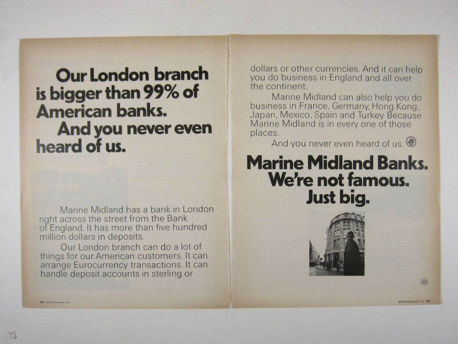Print Ad Marine Midland Banks 1975 London Branch Bigger 99% Of American Banks