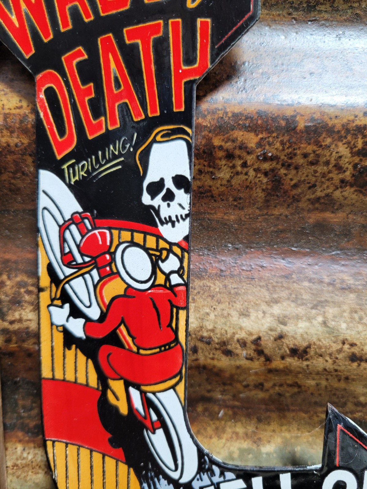 VINTAGE WALL OF DEATH PORCELAIN SIGN RARE OLD HELL ON WHEELS MOTORCYCLE SHOW