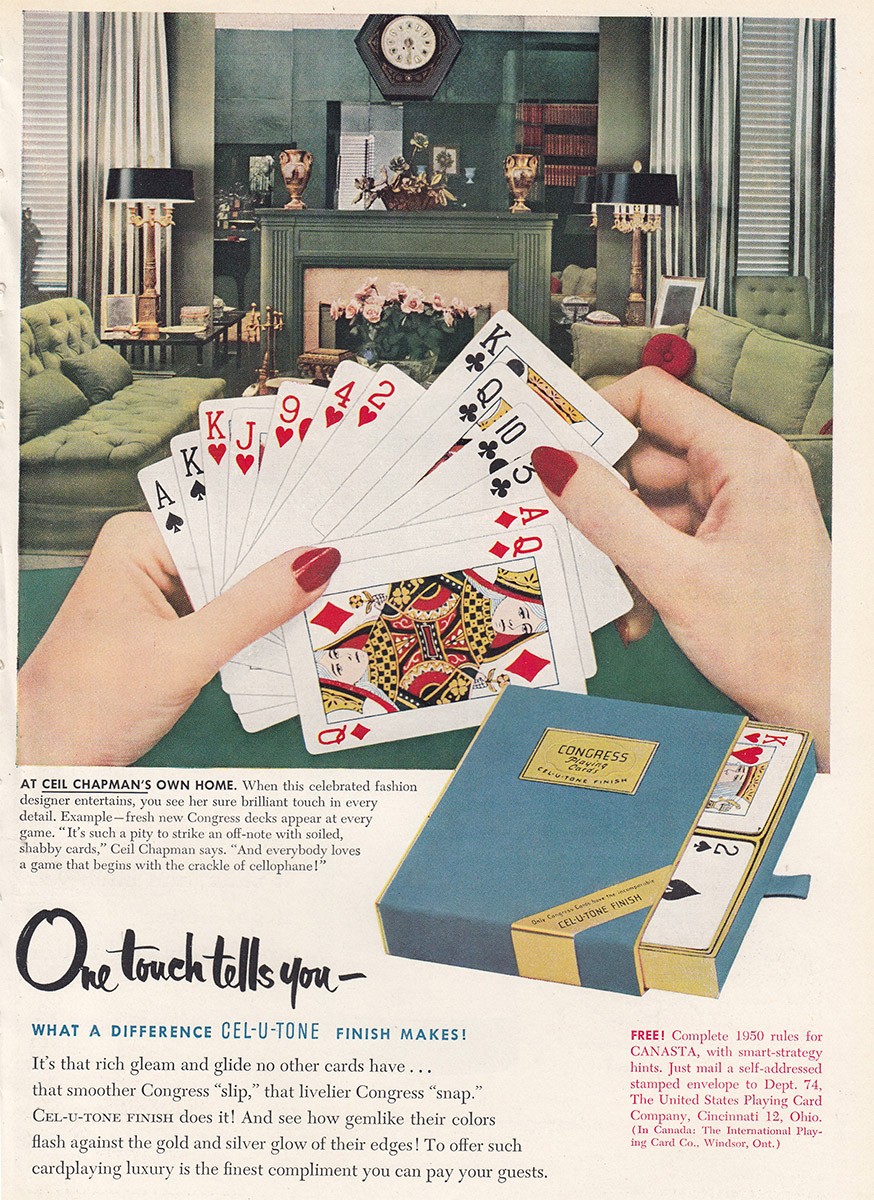 1950 Congress Playing Cards: Ceil Chapmans Own Home Vintage Print Ad