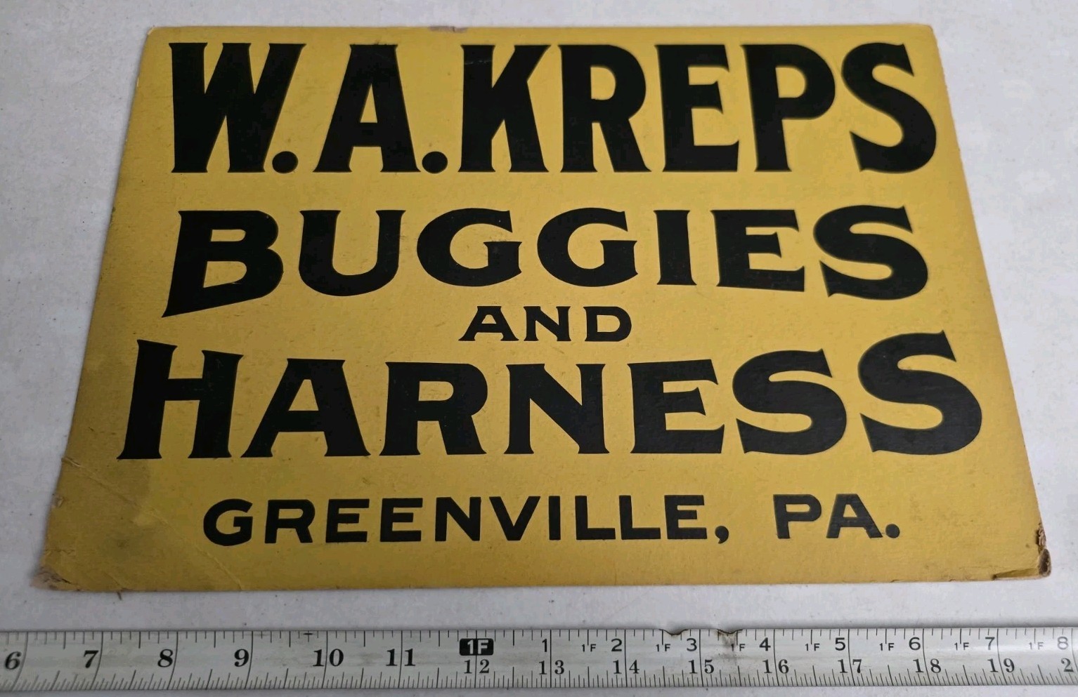 Vintage W. A. Kreps Buggies And Harness Greenville PA Advertising Cardstock Sign
