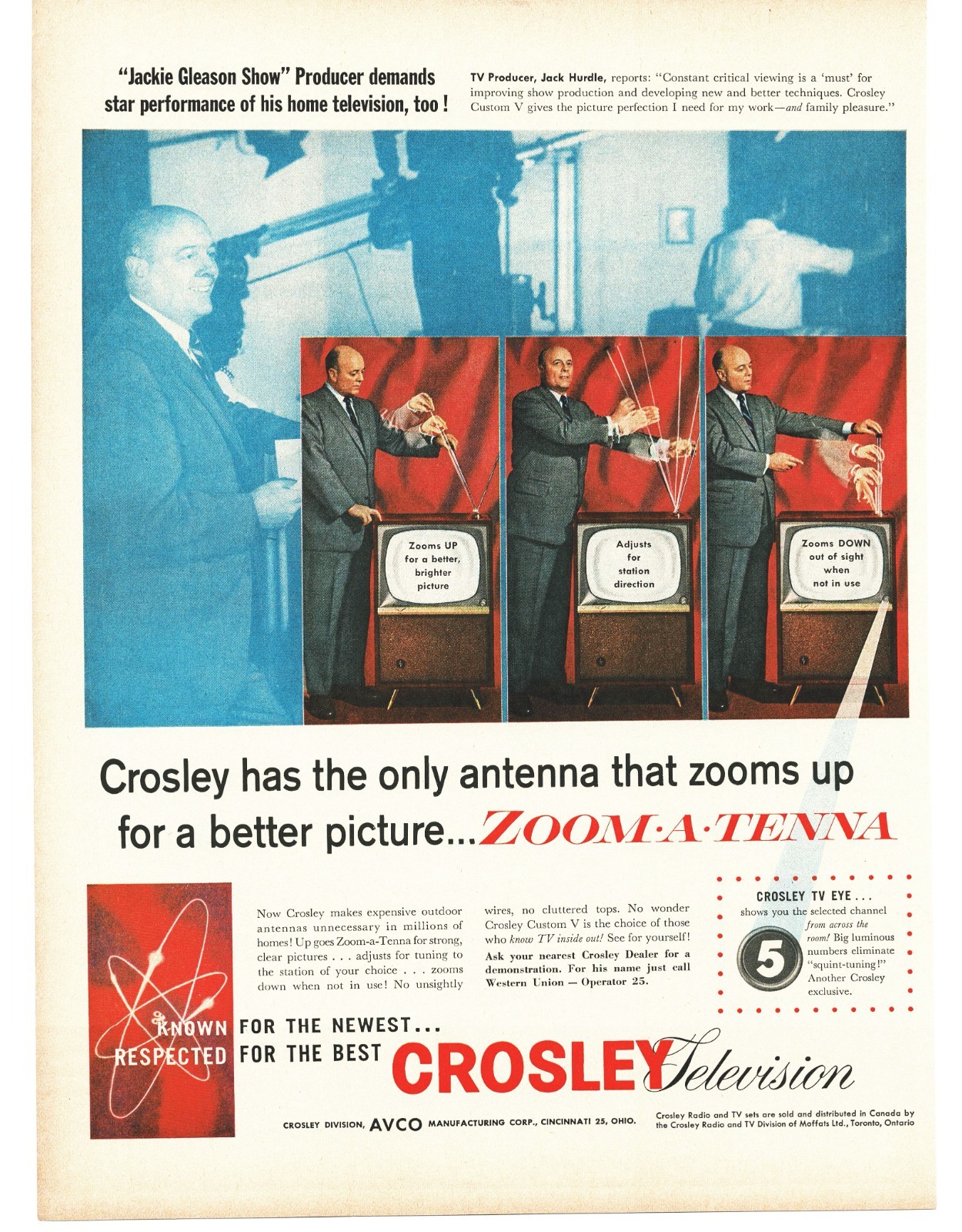 1956 Crosley TV Print Ad Zoom-a-tenna Atomic Age Logo Jack Hurdle TV Producer