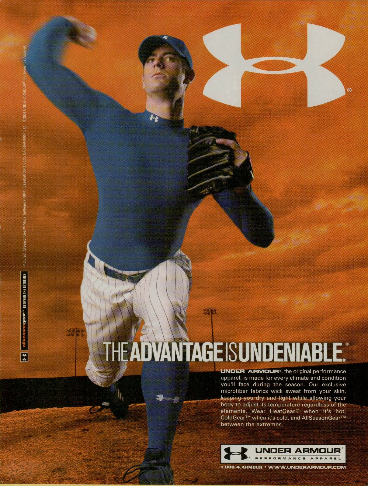 2004 Under Armour Performance Apparel Sunset Baseball Pitcher Vintage Print Ad