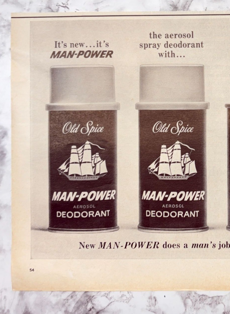 Old Spice Man Power Aerosol Deodorant Vintage Print Ad 1960s Mens Grooming