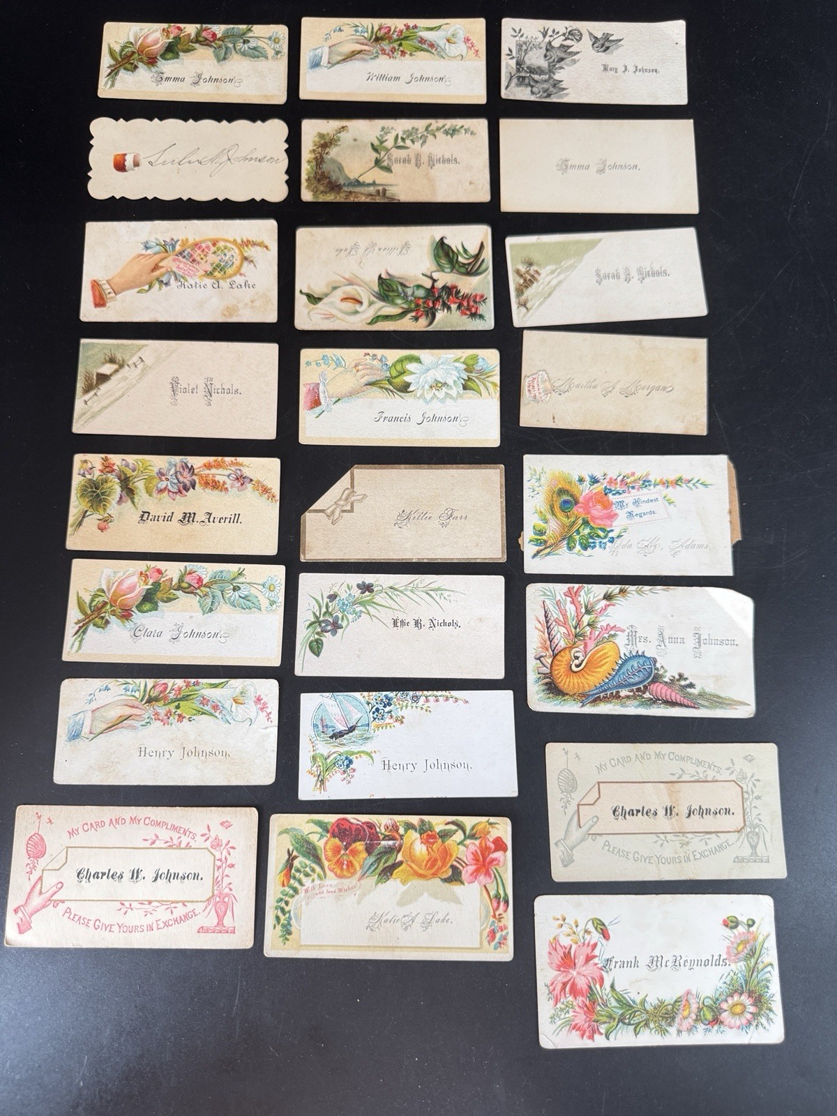 Lot of 24 Antique Victorian Calling Cards Flowers Hidden Name Ephemera 1880s