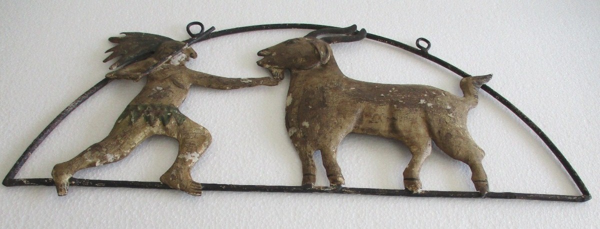 ANTIQUE VINTAGE OLD MAN AND GOAT ADVERTISEMENT TRADE SIGN .