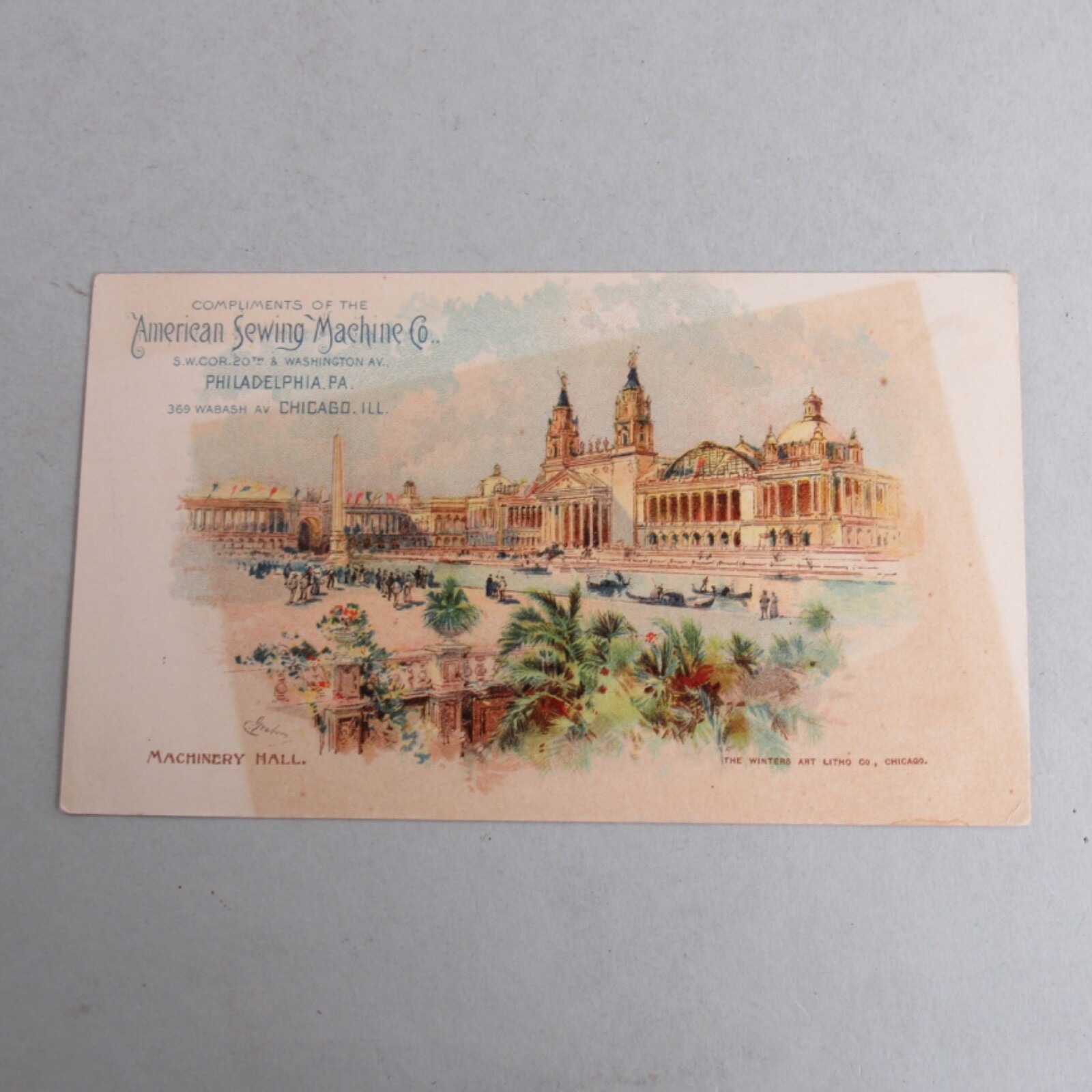 American Sewing Machine Co. Columbia Expo Trade Card Sewing Machine Raffle