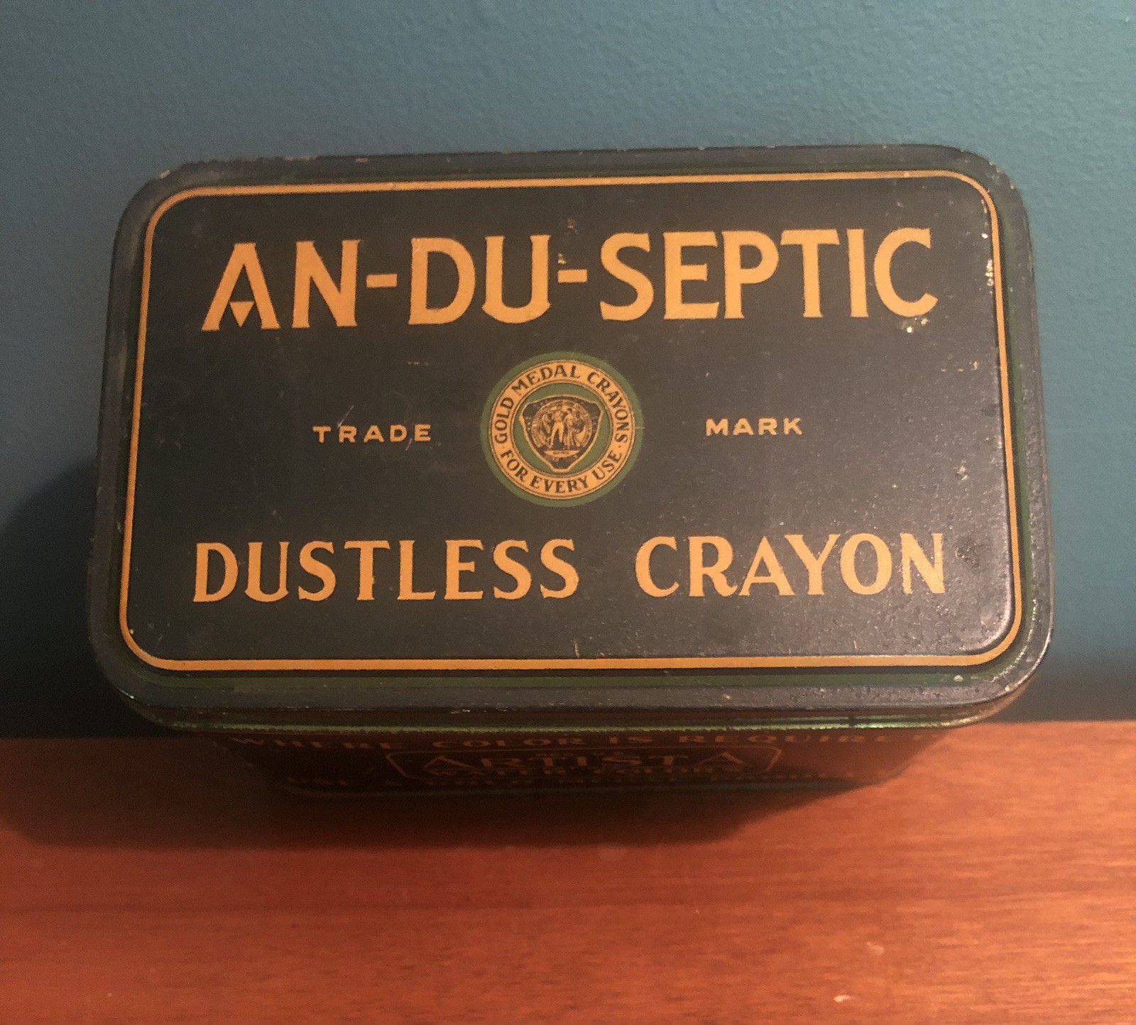 Vintage 1930’s An Du Septic Dustless Blackboard Crayon Tin Box Black and Gold