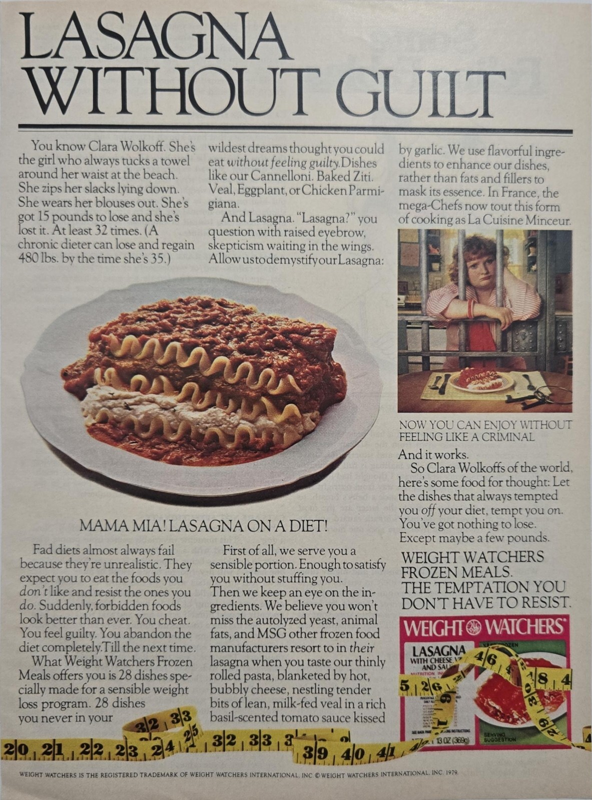 1980 Weight Watchers Frozen Meals Ad – Lasagna Guilt